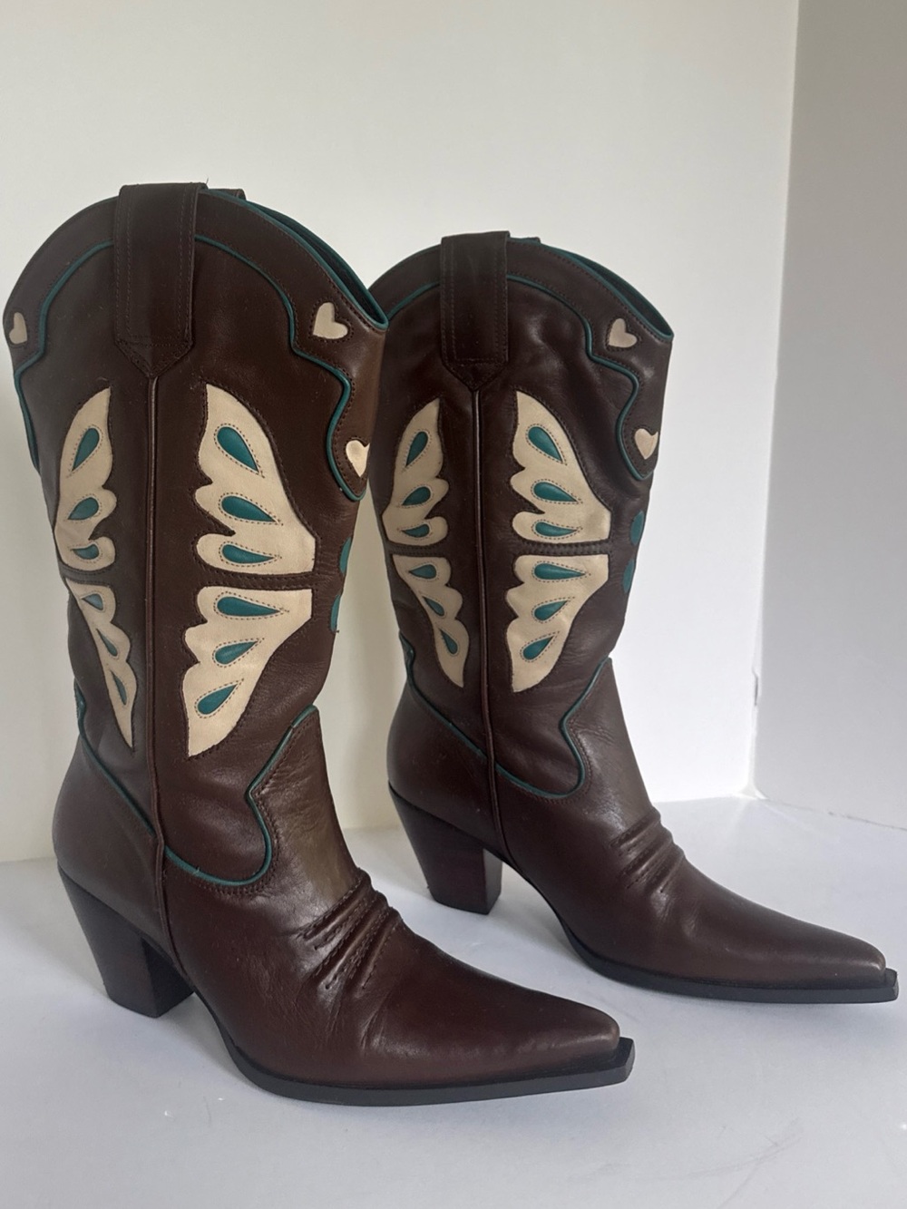 Nine West VTG Y2K Brown Leather Cowboy Boots Turquoise Butterfly Wing W 6 1/2 M